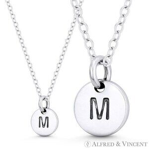 Initial Letter "M" Engraved Tiny Circle Pendant in .925 Sterling Silver
